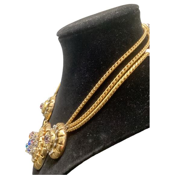 Beautiful Vintage Gold Tone 3 Chain Necklace Colorful Rhinestones Ornate Closure - Picture 3 of 6